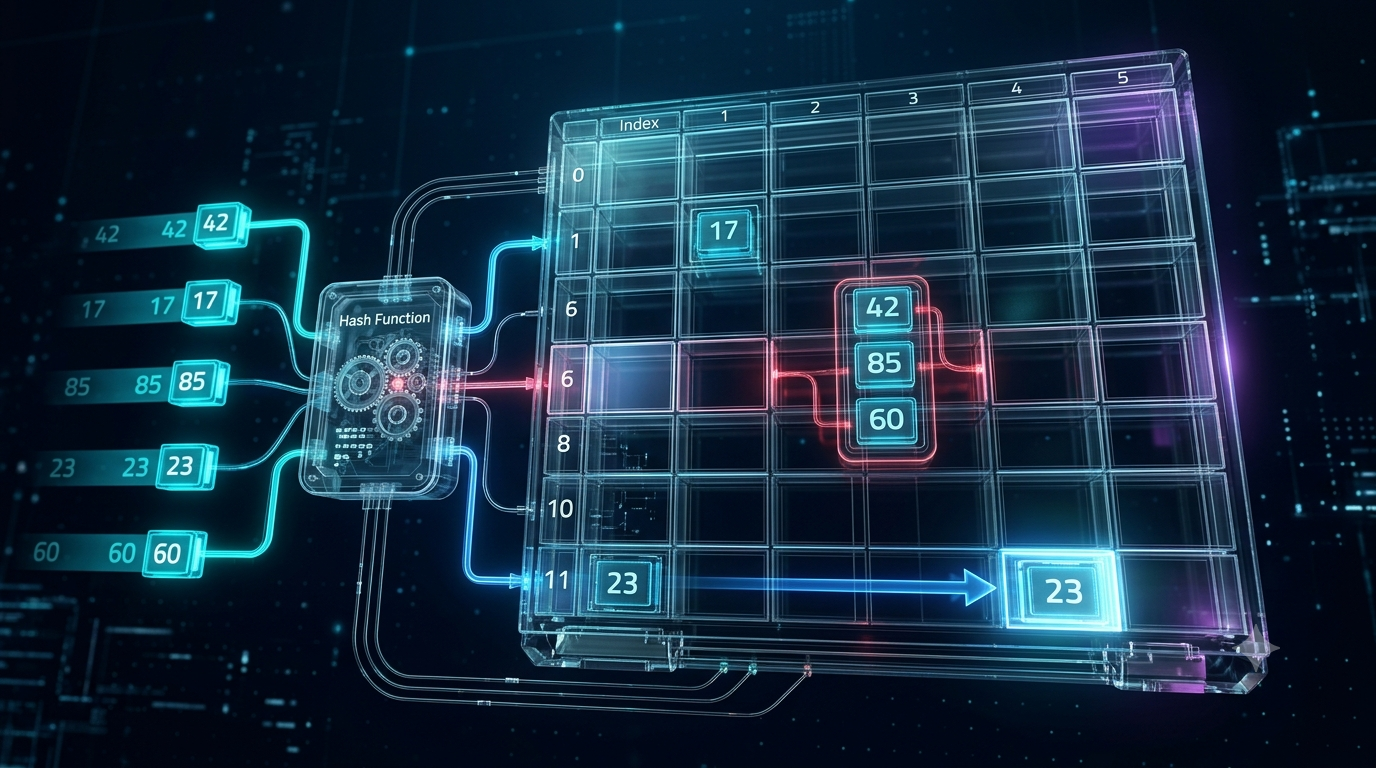 3D visualization of a hash table showing data keys, calculated indexes, and hash collisions in computer science.