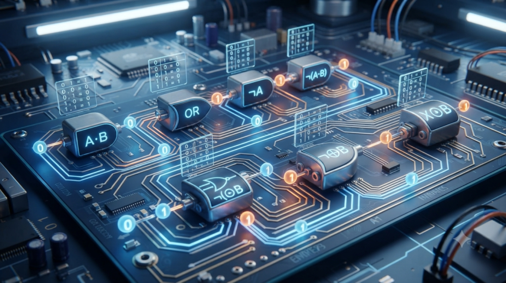 Realistic 3D digital circuit showing basic logic gates and binary calculations