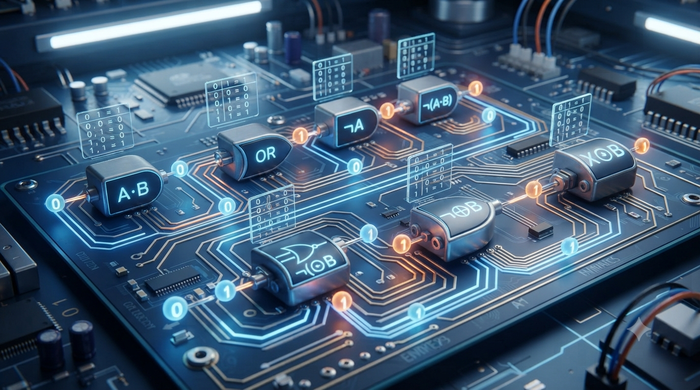 Realistic 3D digital circuit showing basic logic gates and binary calculations