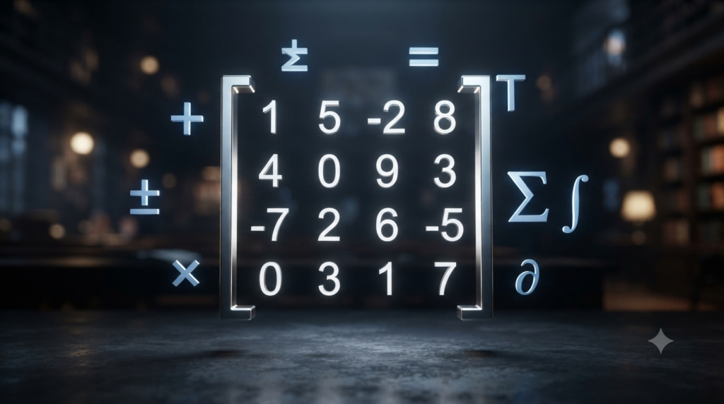 Realistic 3D illustration of basic matrix formulas and operations