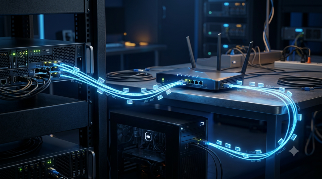 Realistic 3D illustration of data packets traveling between a computer, network router, and server.