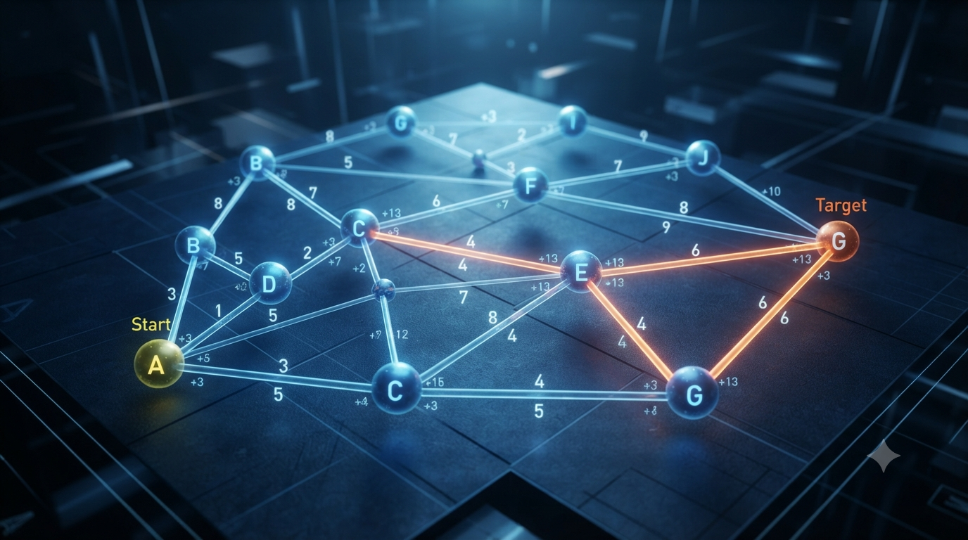 3D graph showing paths, weighted edges, and shortest distance calculations