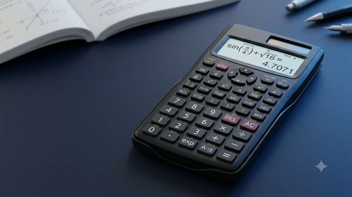 Realistic 3D scientific calculator with mathematical and scientific function buttons