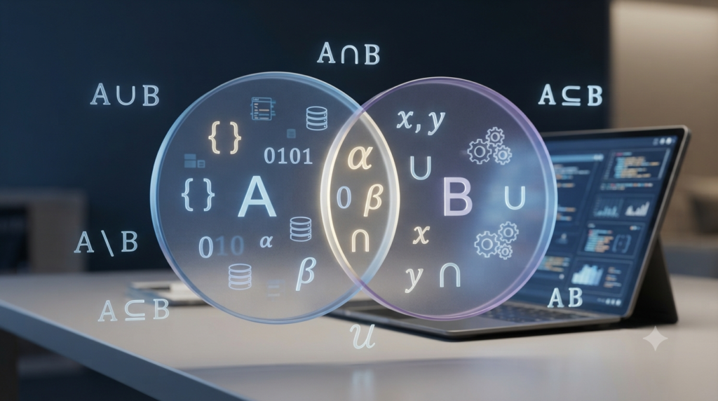 3D illustration of basic set theory formulas for computer science
