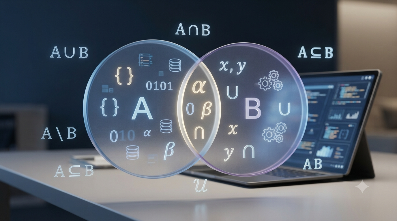 3D illustration of basic set theory formulas for computer science