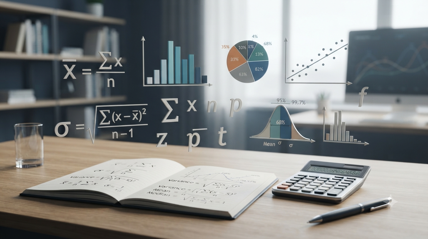 Realistic 3D illustration of basic statistics formulas, charts, graphs, and mathematical data