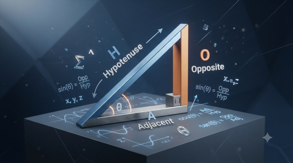 Realistic 3D illustration of a right triangle showing basic trigonometric ratios