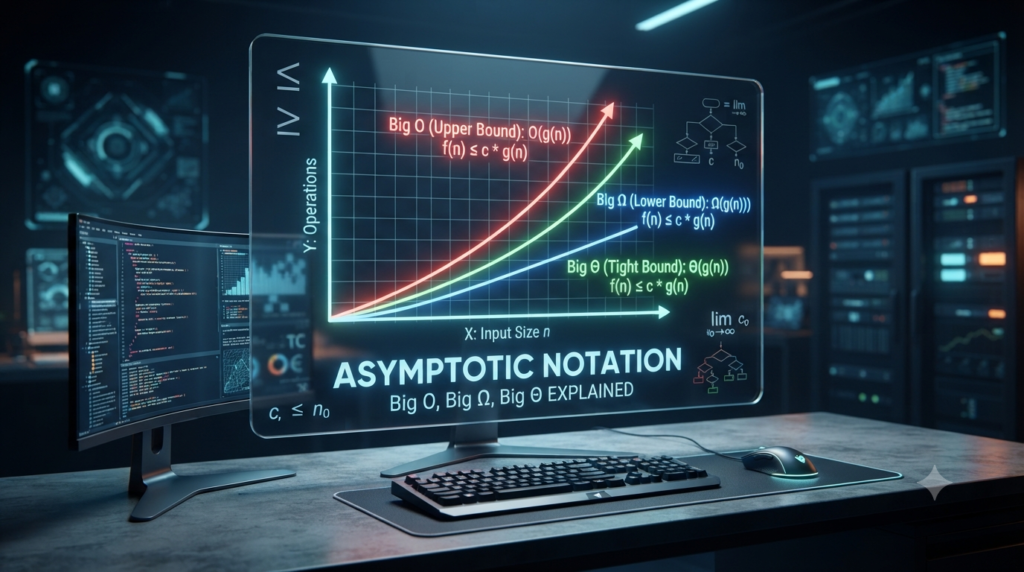Realistic 3D visualization of Big O, Big Omega, and Big Theta notation with algorithm complexity curves on a computer science display.