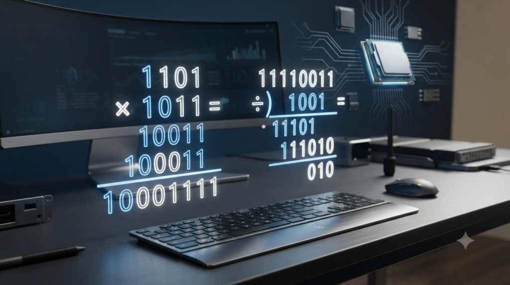 Realistic 3D illustration of binary multiplication and division using 0s and 1s