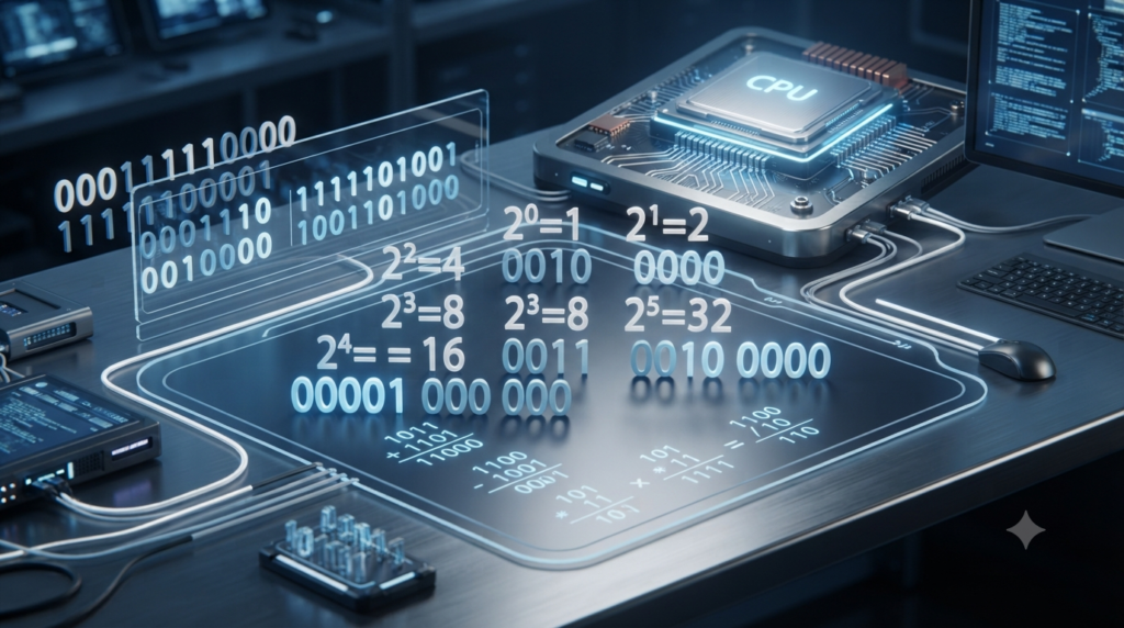 3D illustration of the binary number system with 0 and 1 and basic binary calculations