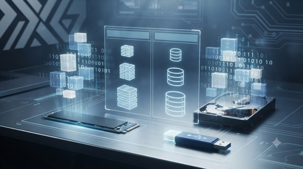 Realistic 3D illustration comparing binary and decimal units in digital storage