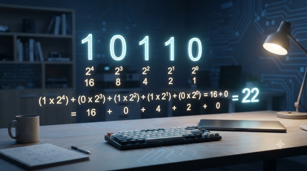 Realistic 3D illustration showing binary to decimal conversion using powers of 2