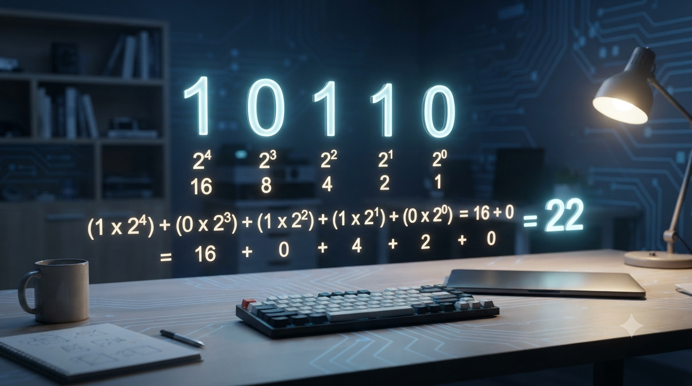 Realistic 3D illustration showing binary to decimal conversion using powers of 2