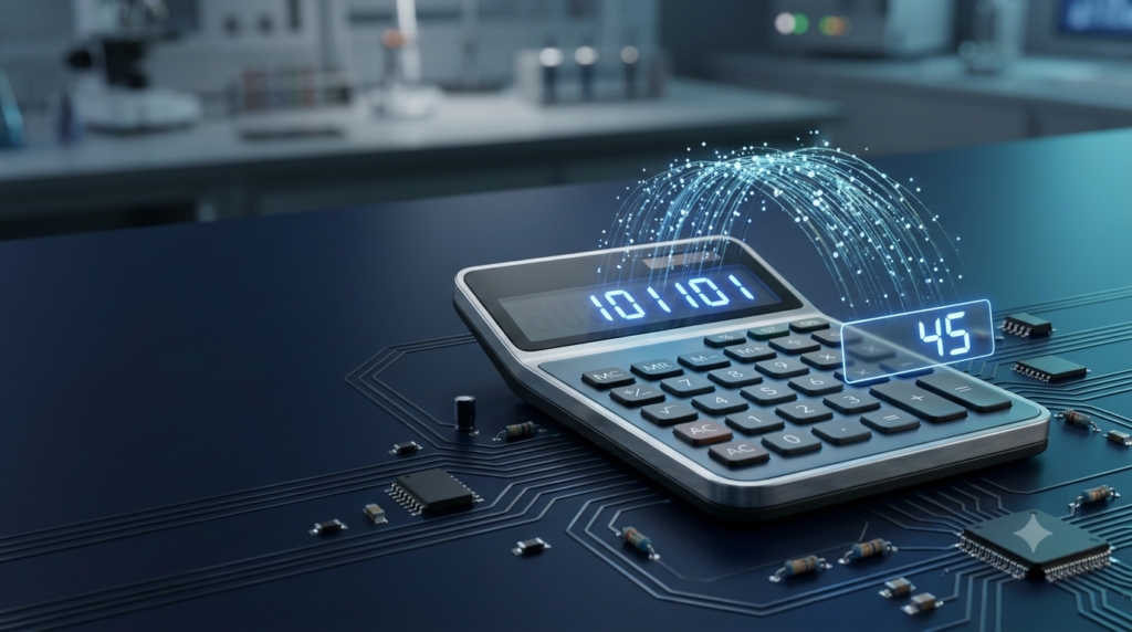 Realistic 3D illustration of a binary to decimal converter showing binary 101101 converting to decimal 45.