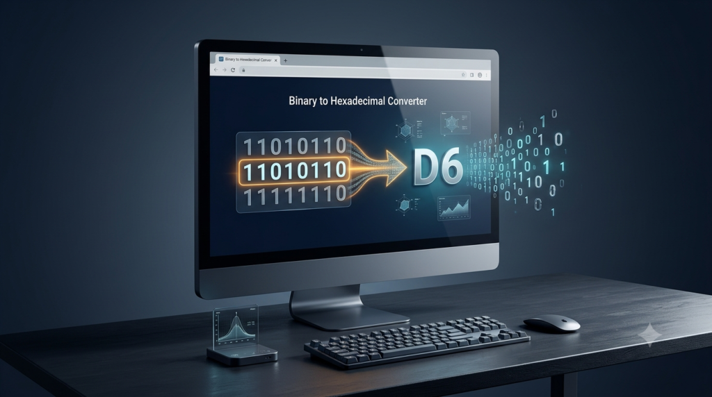 Binary to hexadecimal converter showing binary digits transforming into hexadecimal values.