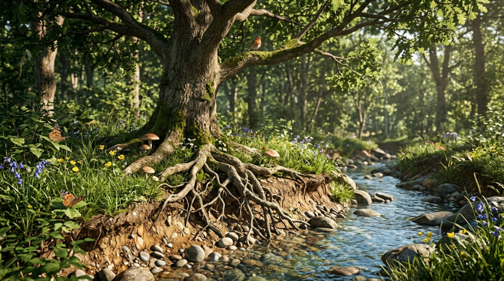 Realistic 3D forest ecosystem showing a tree, plants, wildlife, sunlight, flowing water, and soil as biotic and abiotic components.