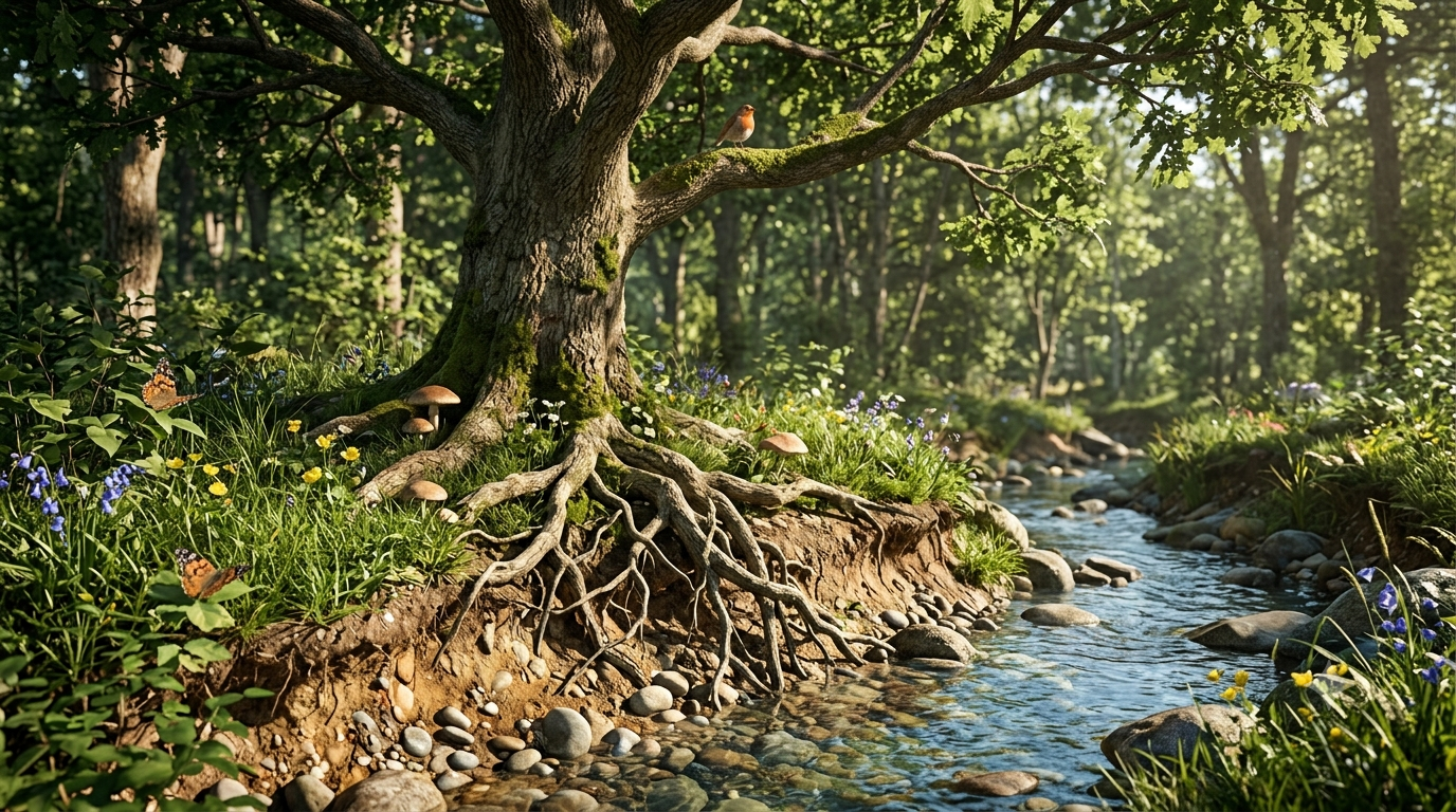 Realistic 3D forest ecosystem showing a tree, plants, wildlife, sunlight, flowing water, and soil as biotic and abiotic components.