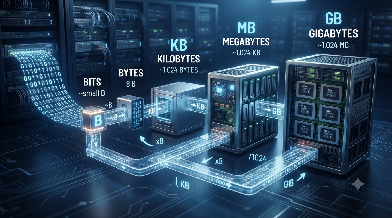 3D illustration explaining bits bytes kilobytes megabytes and gigabytes conversion