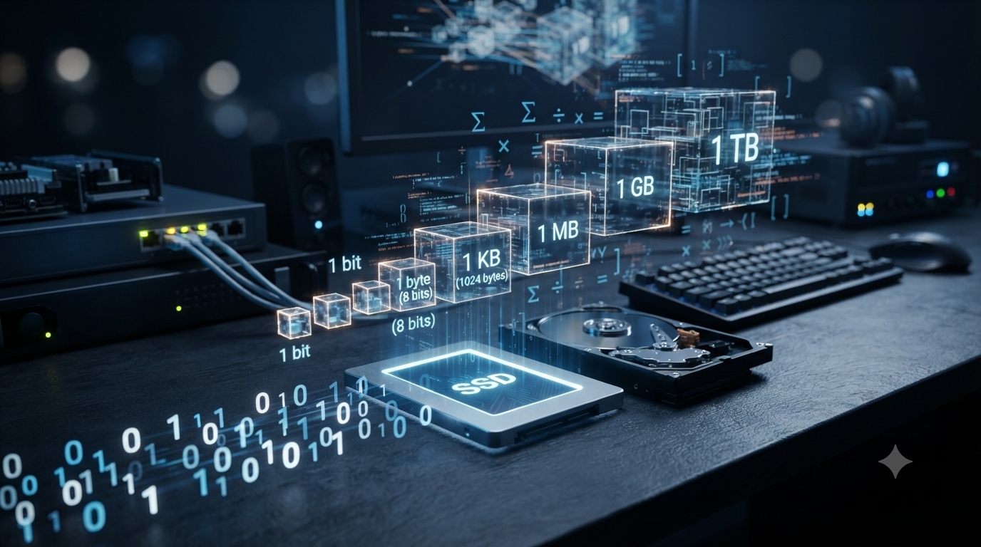 Realistic 3D illustration of bits and bytes data measurement formulas