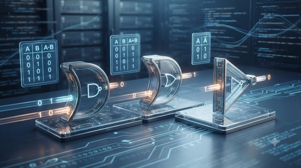 Realistic 3D illustration of Boolean AND OR and NOT operations with logic gates, binary signals, and truth tables