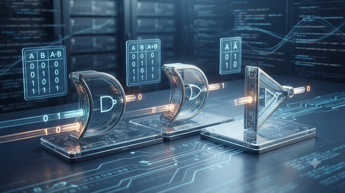 Realistic 3D illustration of Boolean AND OR and NOT operations with logic gates, binary signals, and truth tables