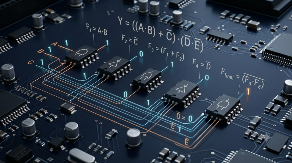 3D illustration of digital logic gates and binary values representing Boolean algebra in electronic circuits.