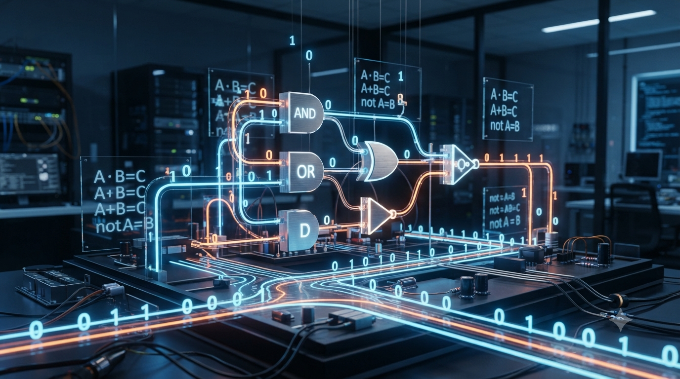 Realistic 3D illustration of Boolean algebra with binary values and digital logic gates