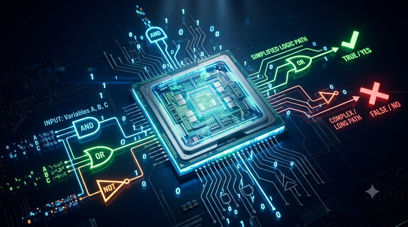 Realistic 3D computer processor with digital logic gates illustrating Boolean algebra in programming decisions.