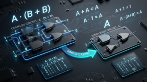 Realistic 3D illustration of Boolean expression simplification with logic gates, binary digits, and equivalent logical equations.