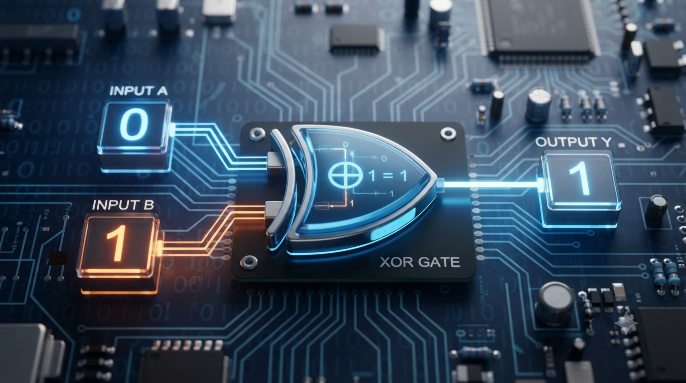 Realistic 3D illustration of Boolean XOR calculation with binary inputs and an XOR logic gate