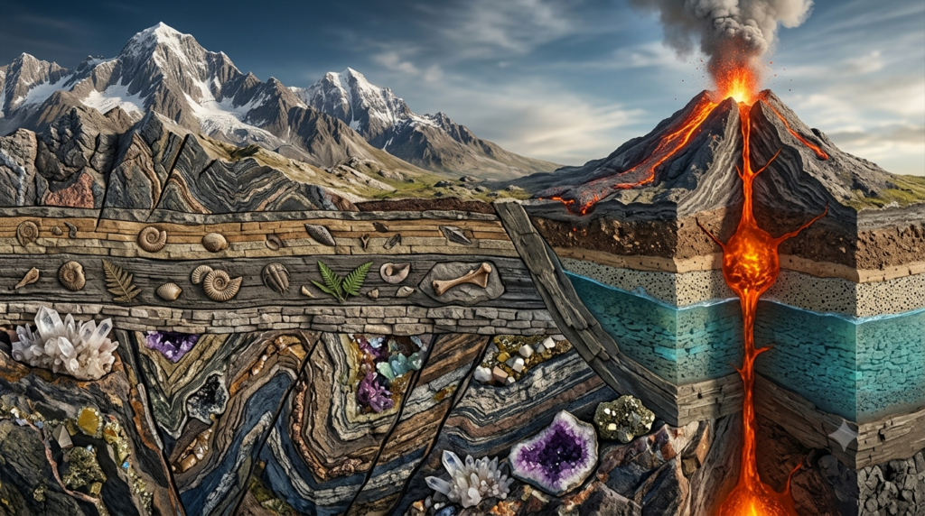 Realistic 3D illustration of geological rock layers, mineral crystals, fossils, a volcano, mountains, and underground groundwater.