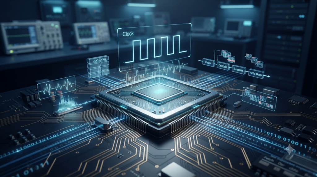 Realistic 3D CPU processor illustrating clock rate and instruction timing formulas.