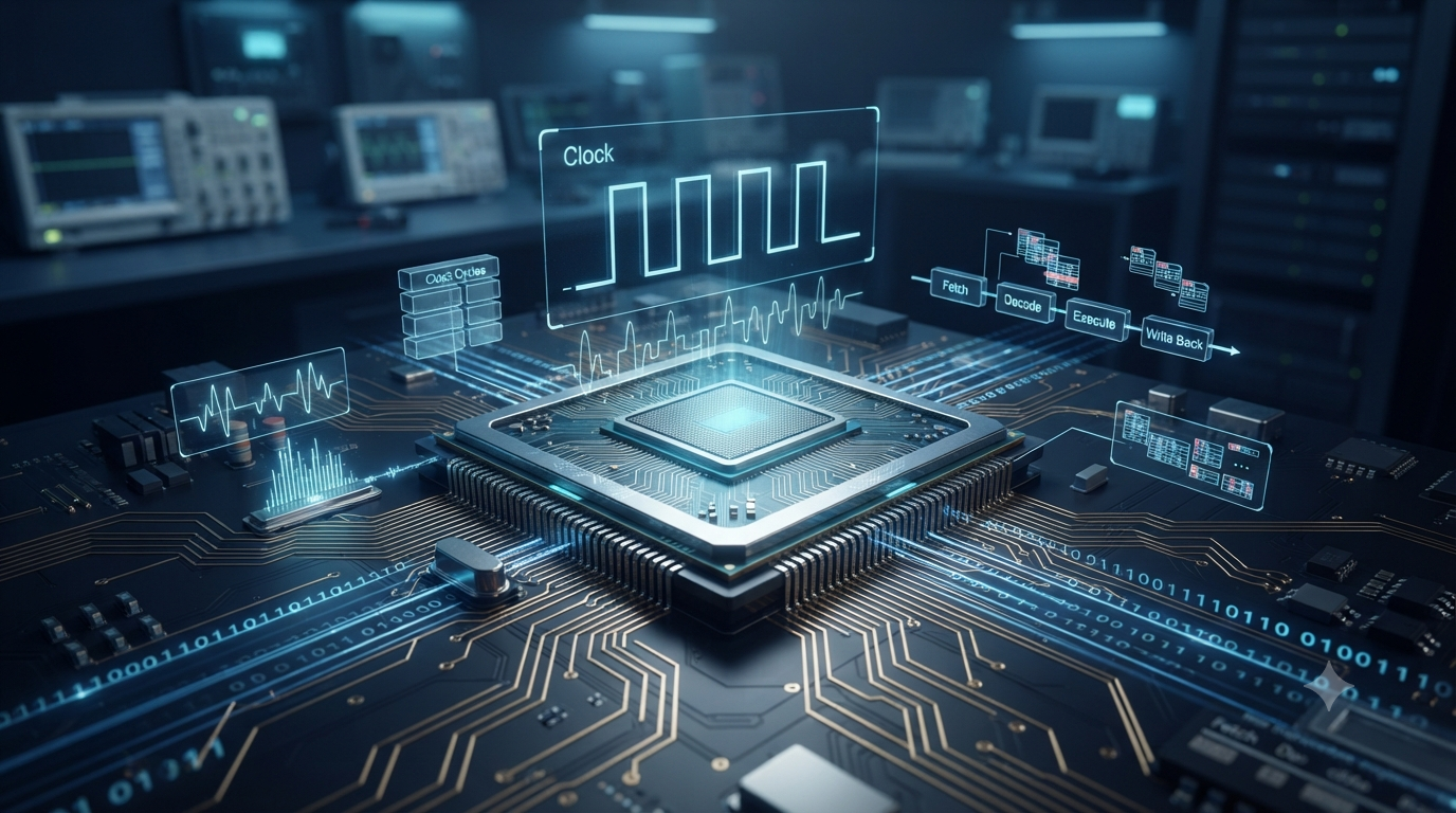 Realistic 3D CPU processor illustrating clock rate and instruction timing formulas.
