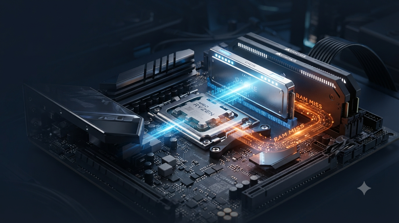 3D illustration of a computer processor, cache memory, and RAM showing cache hit and miss pathways.