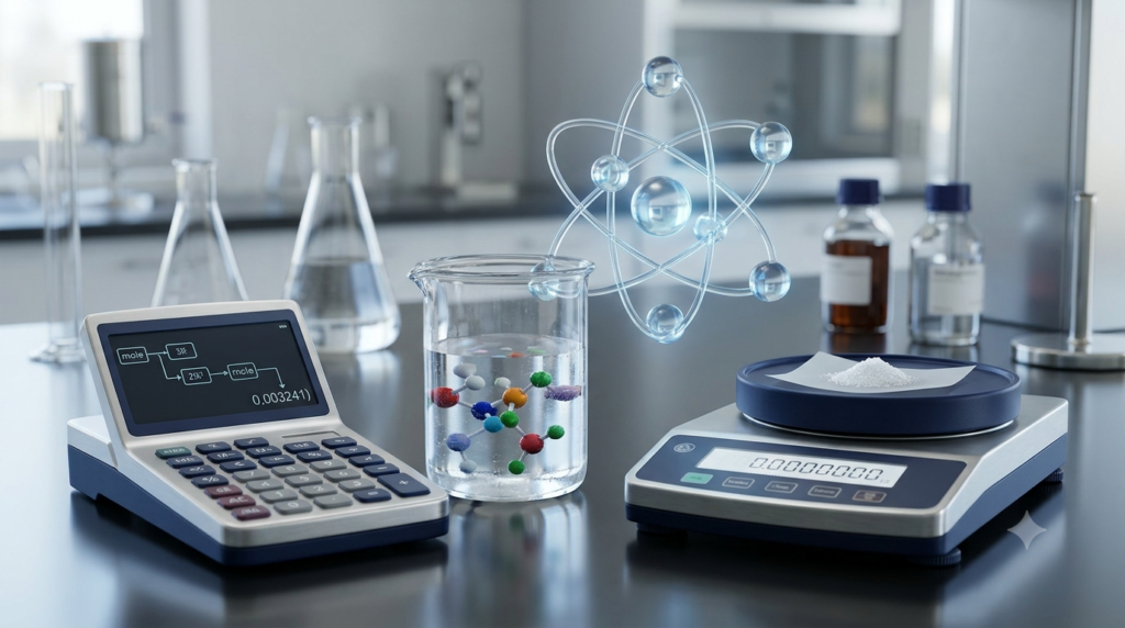 3D chemistry calculator with laboratory glassware and molecular models representing mole calculations