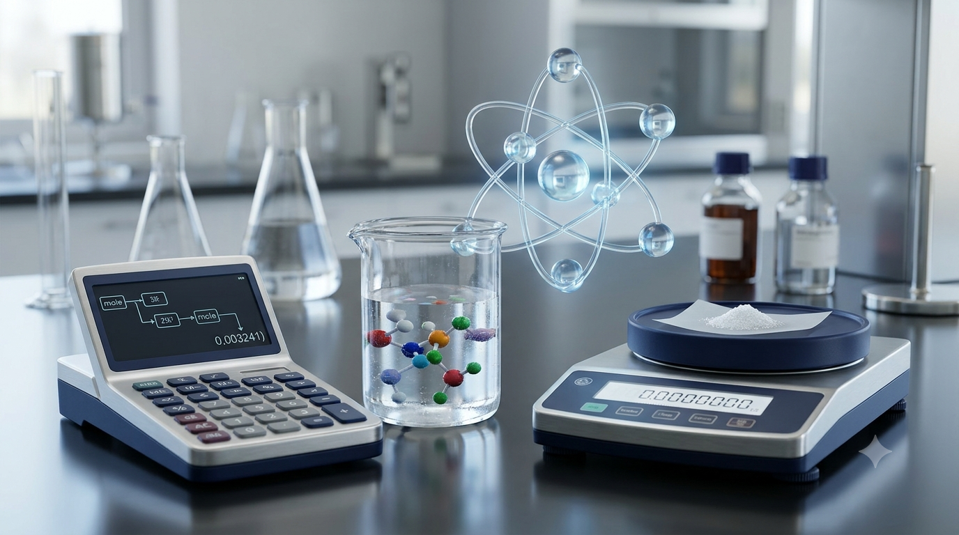 3D chemistry calculator with laboratory glassware and molecular models representing mole calculations