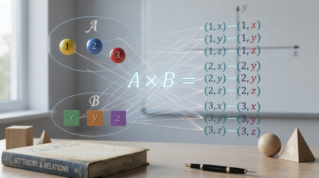 Realistic 3D illustration of the Cartesian product and its basic formula in mathematics