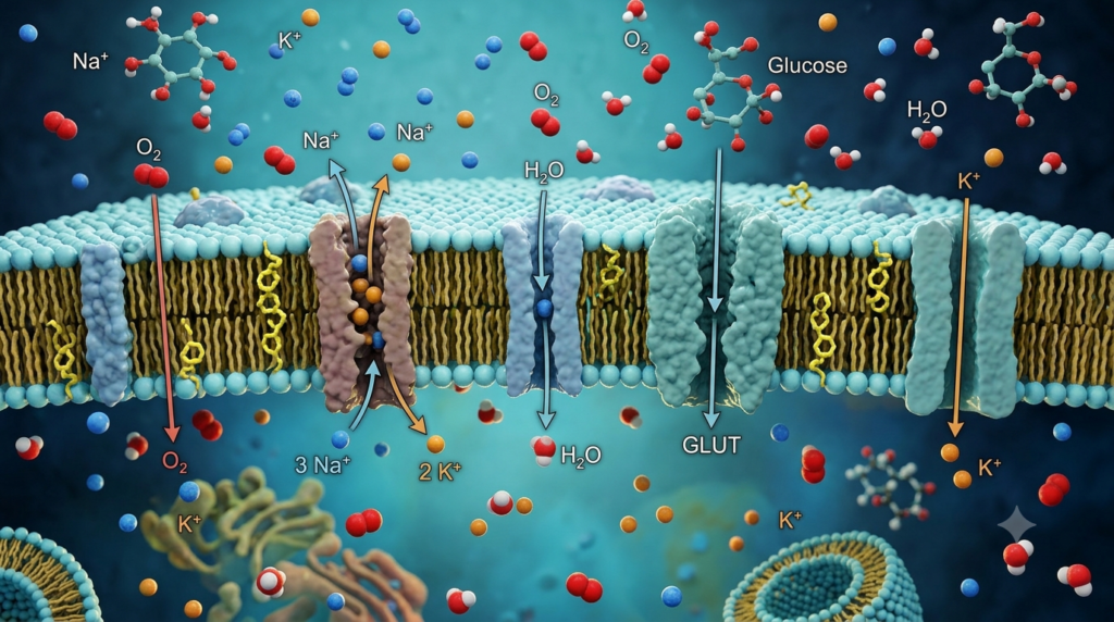 3D illustration of the cell membrane showing phospholipid bilayer, membrane proteins, and selective transport of substances.