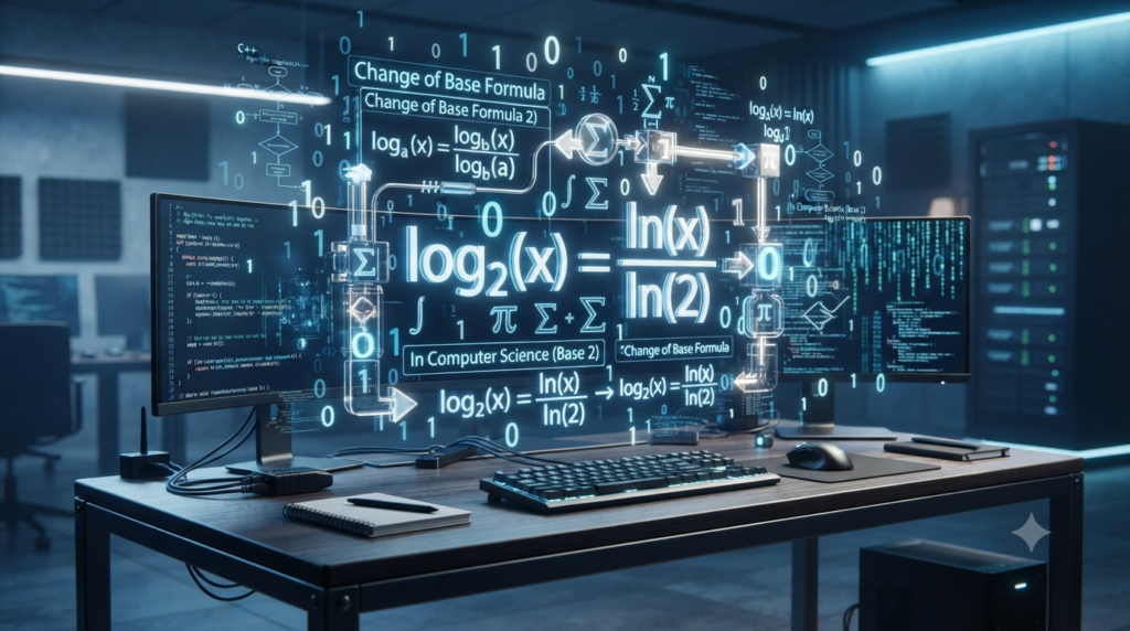 Realistic 3D illustration of the change of base formula for logarithms in computer science with binary data