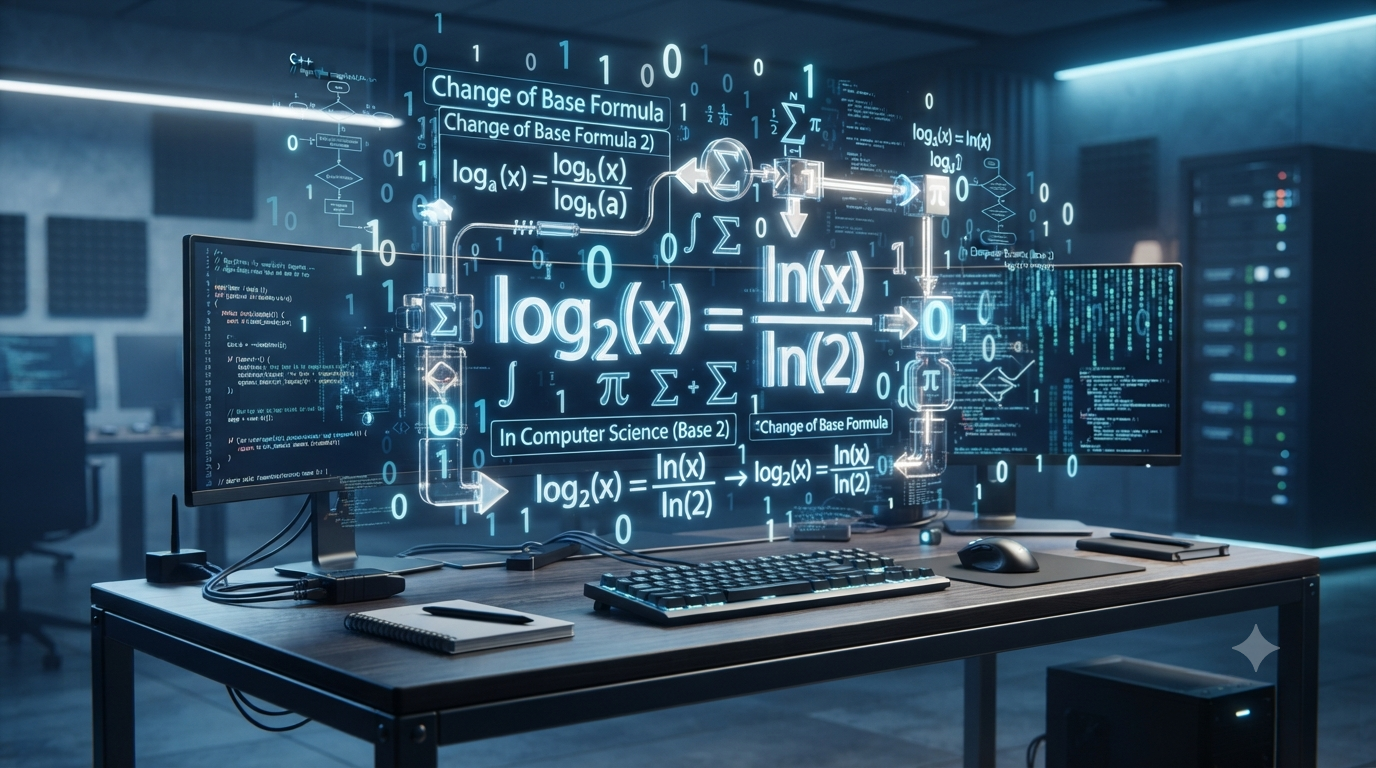 Realistic 3D illustration of the change of base formula for logarithms in computer science with binary data