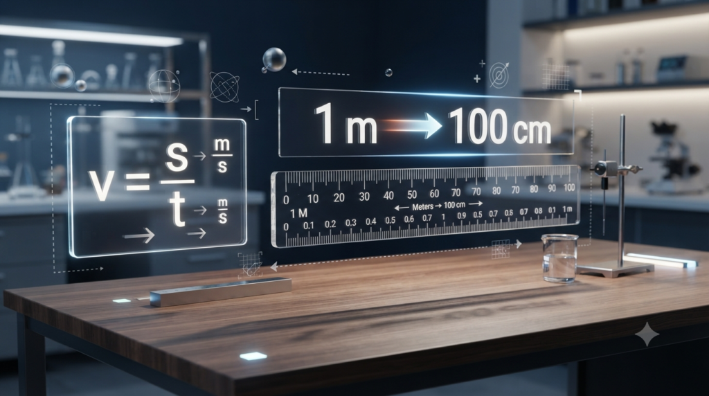 Realistic 3D illustration showing unit conversion and changing numerical values in a physics formula