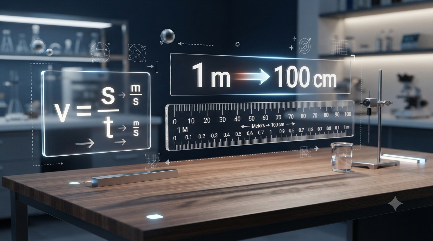 Realistic 3D illustration showing unit conversion and changing numerical values in a physics formula