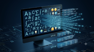 3D illustration of text characters and binary digits representing character encoding and digital storage