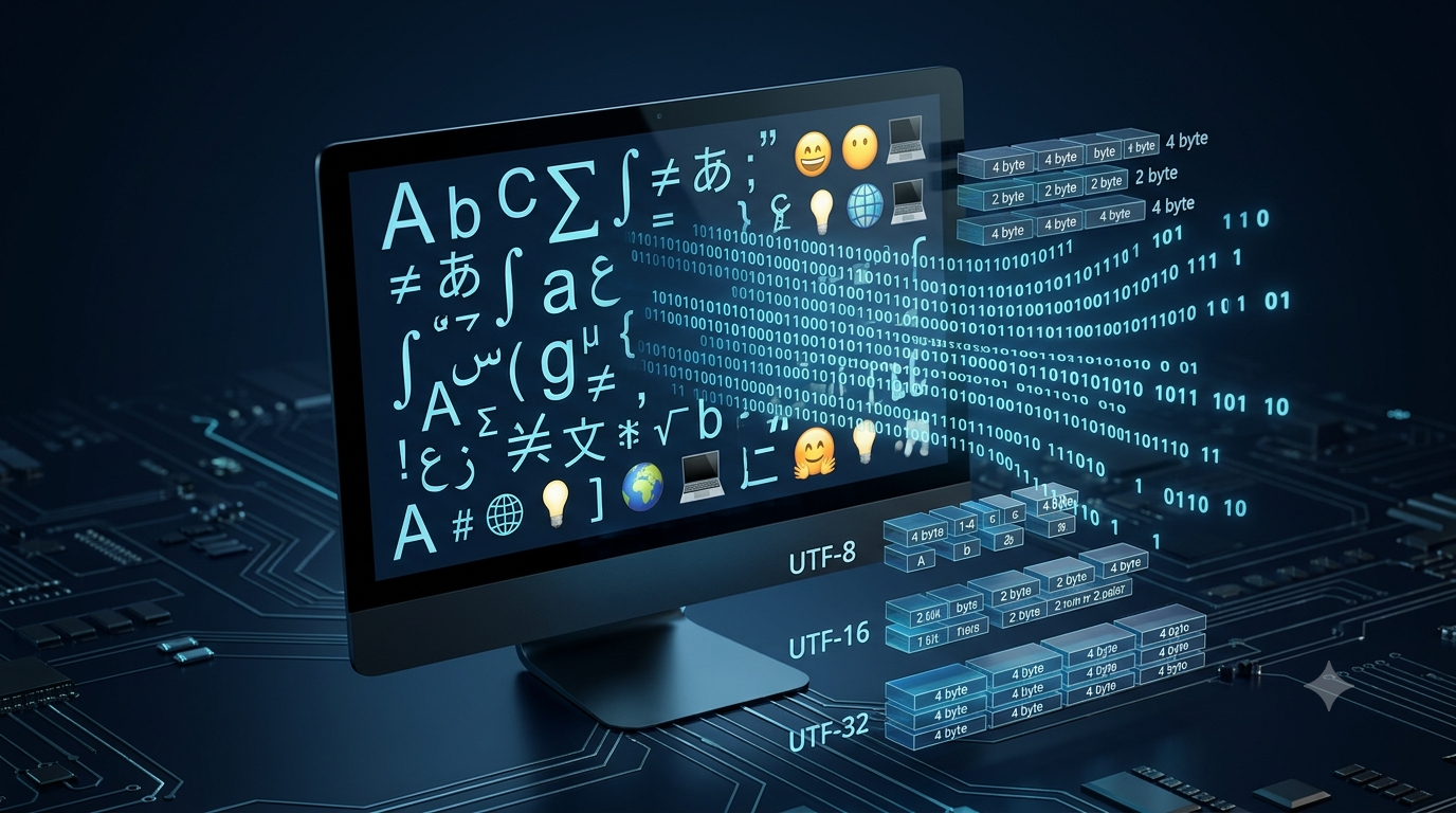 3D illustration of text characters and binary digits representing character encoding and digital storage