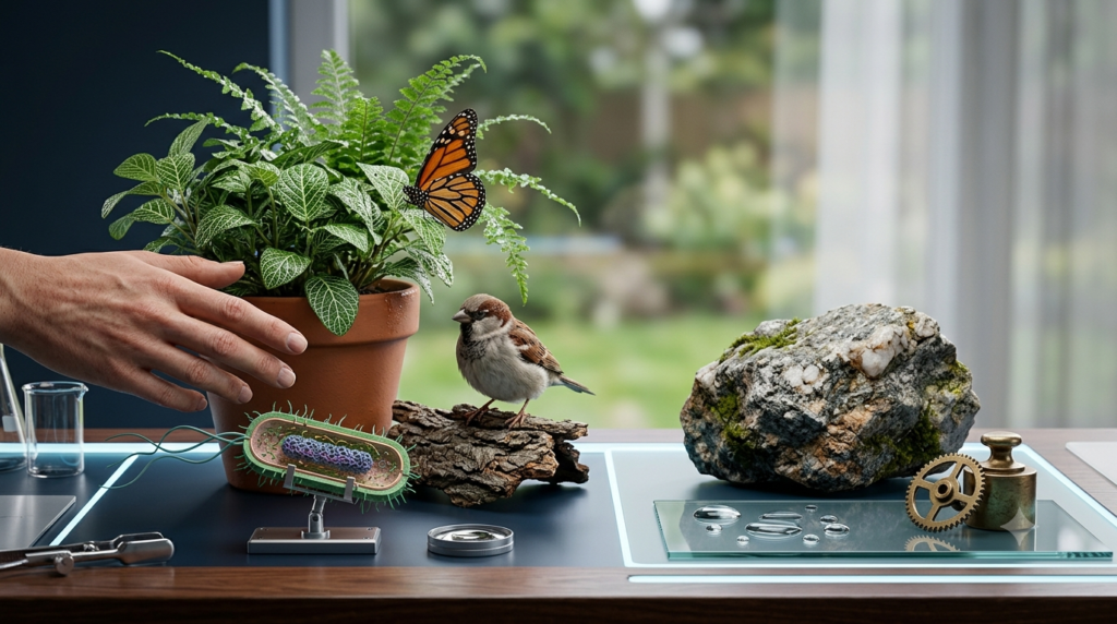 Realistic 3D illustration comparing living things such as plants, birds, and bacteria with non-living objects such as rocks and water.