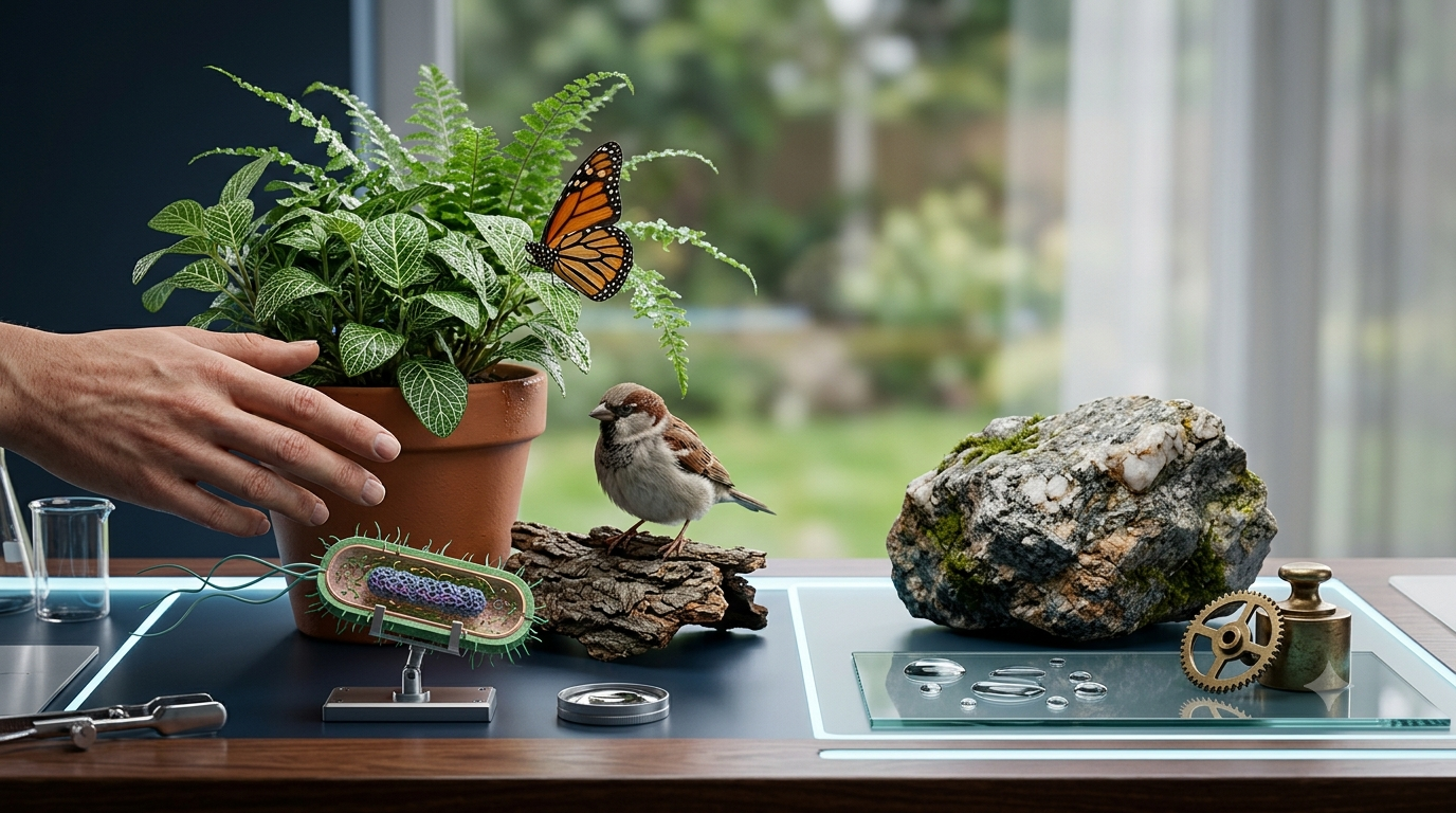 Realistic 3D illustration comparing living things such as plants, birds, and bacteria with non-living objects such as rocks and water.