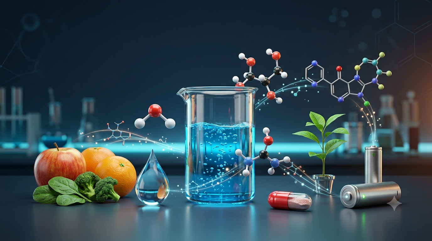Realistic 3D illustration of chemistry in everyday life featuring laboratory glassware, molecular models, fresh food, medicine, a plant, and a battery.