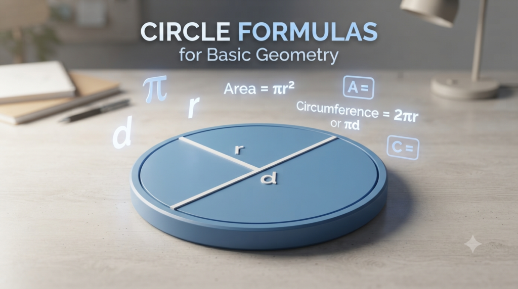 Realistic 3D illustration of circle formulas for basic geometry