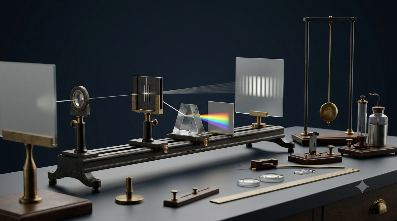 Realistic 3D physics laboratory showing a double-slit light experiment and classic scientific instruments.