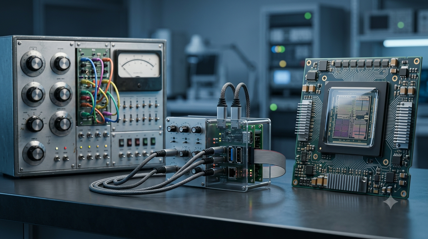 3D illustration of analog, digital, and hybrid computers showing different data processing methods.